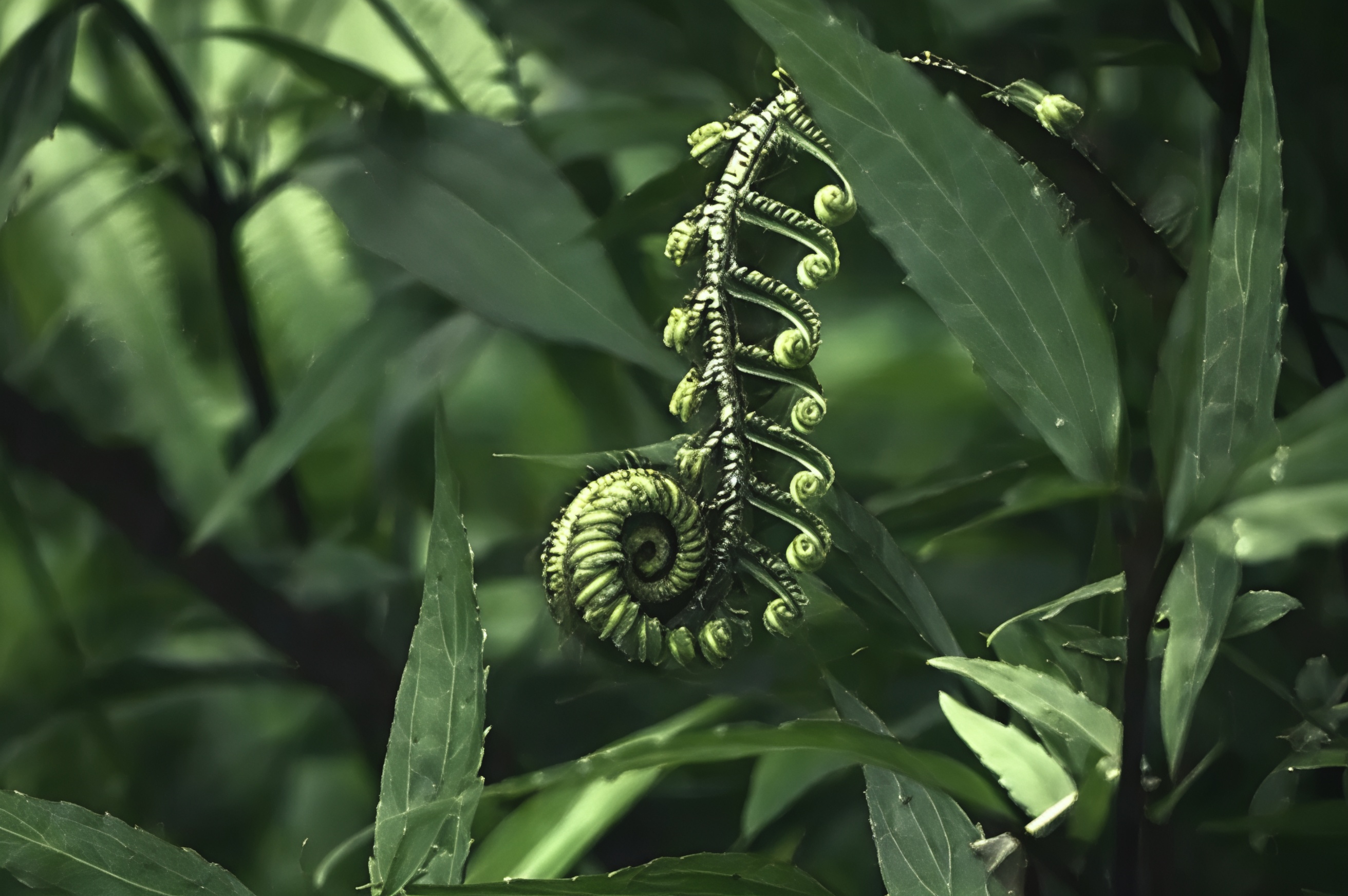 Fern frond uncurling in a natural spiral